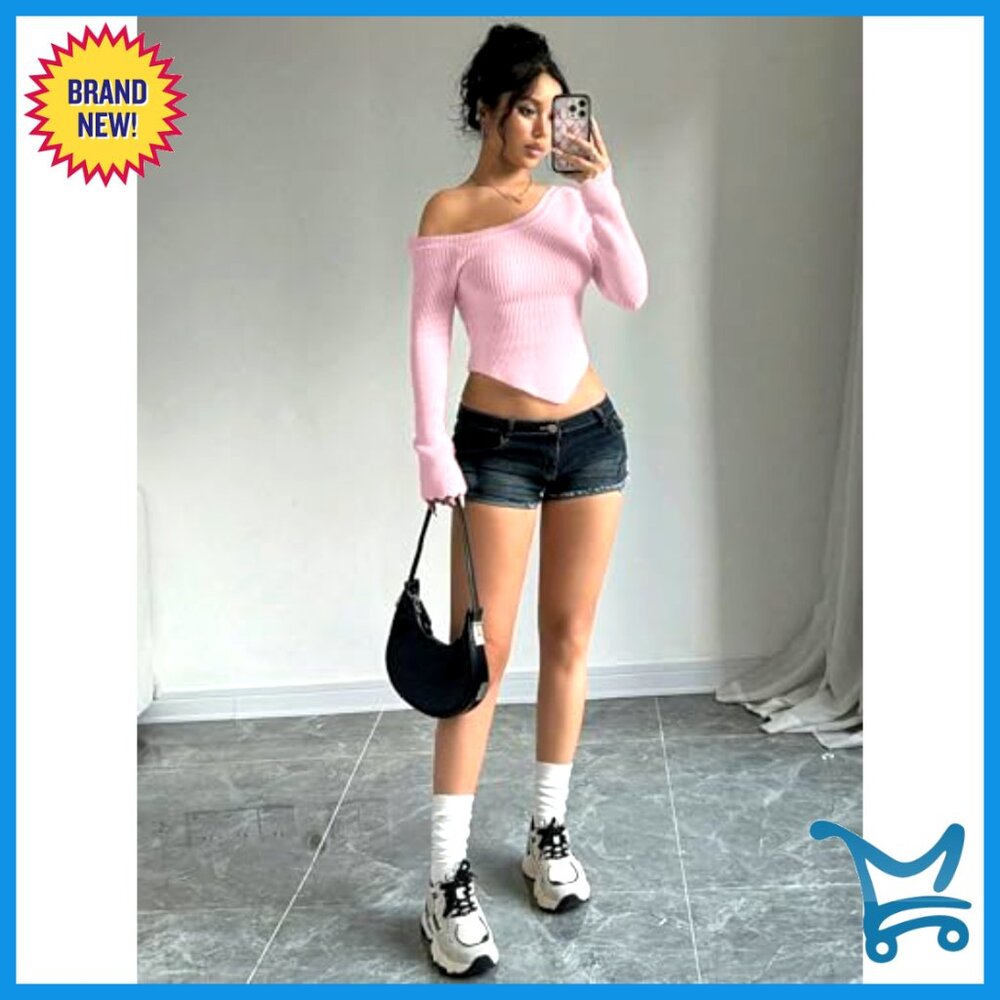 Off Shoulder Cropped Pullover Ribbed Knit Sweater… - image 5